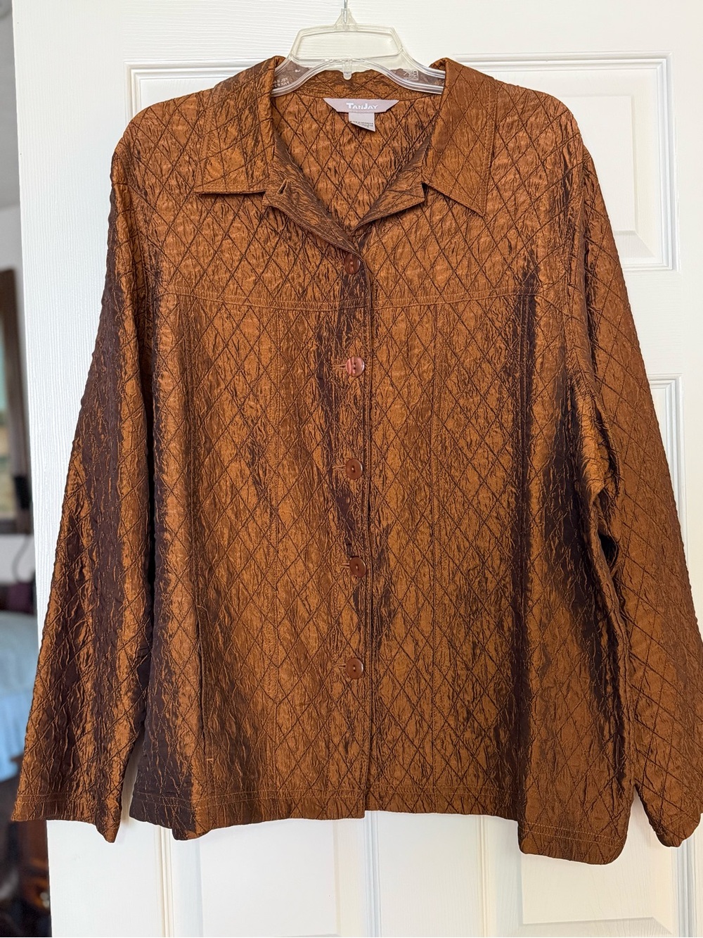Vintage Tan Jay Copper-Brown Diamond-Texture Button-Down Shirt